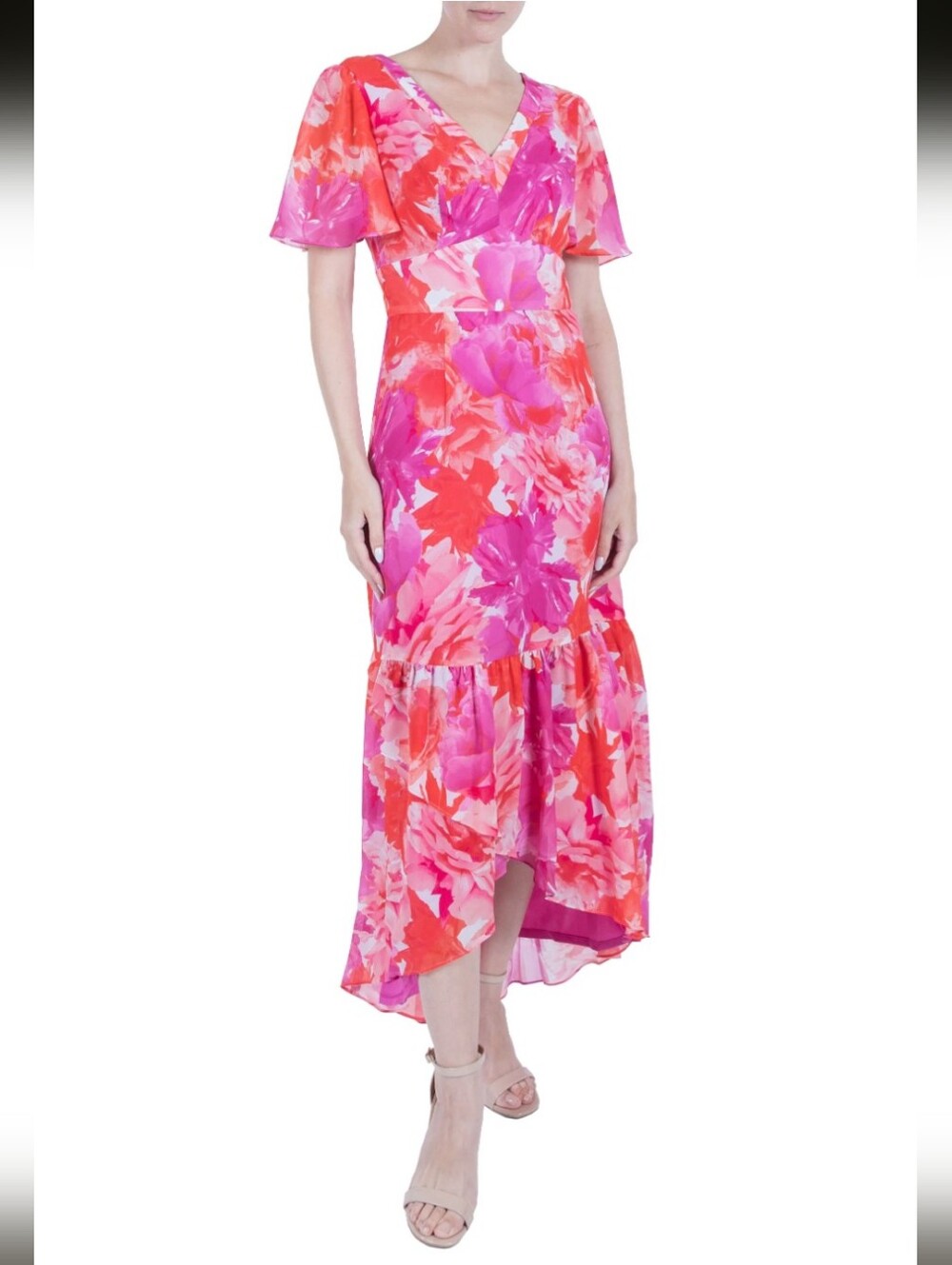 Julia Jordan Printed Flutter-Sleeve High-Low Midi Dress - Pink Multi- 2